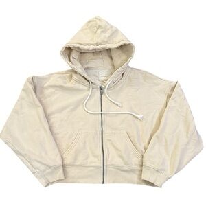 American Eagle Cropped Zip Hoodie Cream Thick 80% Cotton Ribbed Trim Warm Medium